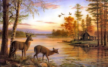 deer nature river birch Oil Paintings
